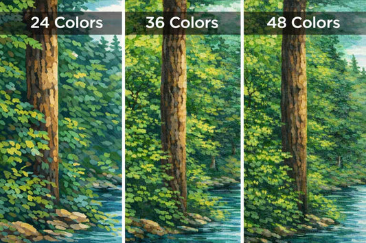 Comparison of a forest scene with different color palettes labeled 24 Colors, 36 Colors, and 48 Colors.