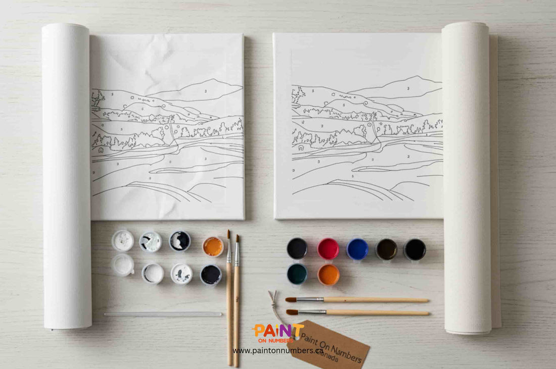 Side-by-side comparison of a cheap folded paint by numbers canvas versus a premium rolled canvas from Paint On Numbers Canada, showing the difference in canvas texture and paint quality.