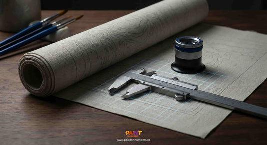 Rolled paint by numbers canvas being measured with a caliper and magnifier, showing fabric texture, grid alignment, and precision quality control tools on a worktable.