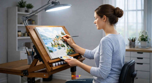Person painting a paint by numbers canvas at a 45 degree drafting table with proper posture under a bright desk lamp