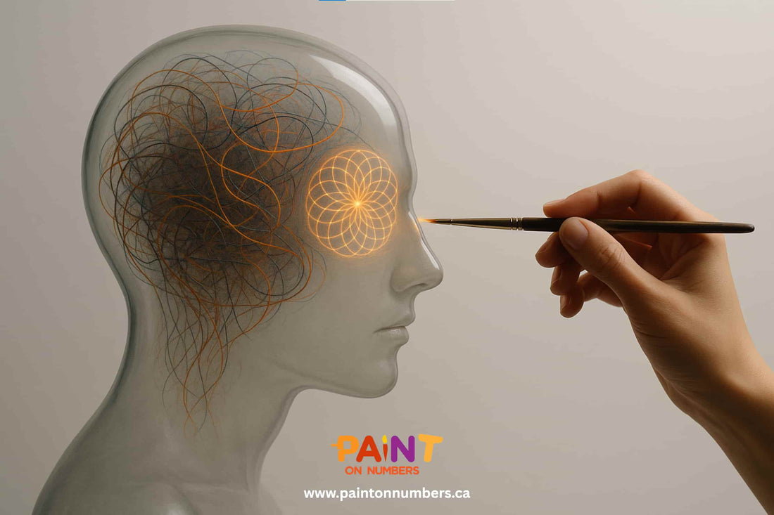 Photorealistic concept image of a glass-like human head filled with tangled glowing threads, with a hand using a paintbrush to transform the chaos into an intricate glowing pattern, symbolizing how paint by numbers improves focus and cognitive skills