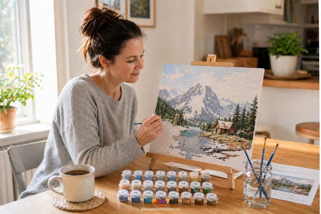 Adult woman in her 40s sitting at kitchen table painting her first paint by numbers landscape kit with organized supplies and natural window light