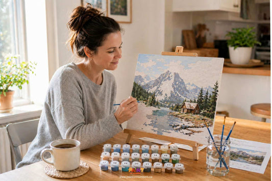 Adult woman in her 40s sitting at kitchen table painting her first paint by numbers landscape kit with organized supplies and natural window light