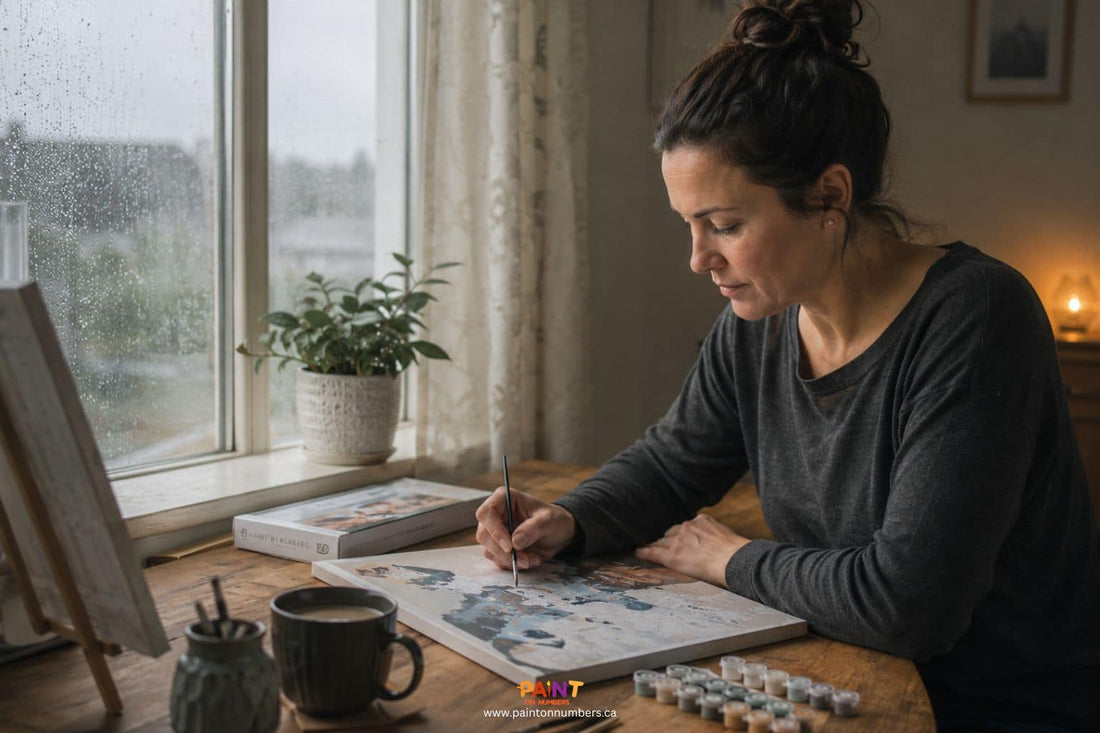 Woman painting at a table with a rainy day view outside the window