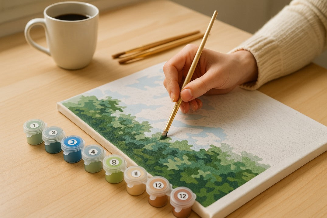 Beginner painting a numbered canvas in a Paint By Numbers kit using acrylic paints on a table with natural daylight in Canada