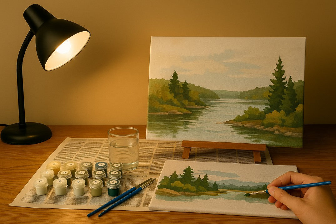 A cozy paint-by-numbers setup on a wooden table with a landscape canvas, organized paint pots, brushes, a water cup, and a desk lamp creating a warm, focused atmosphere.