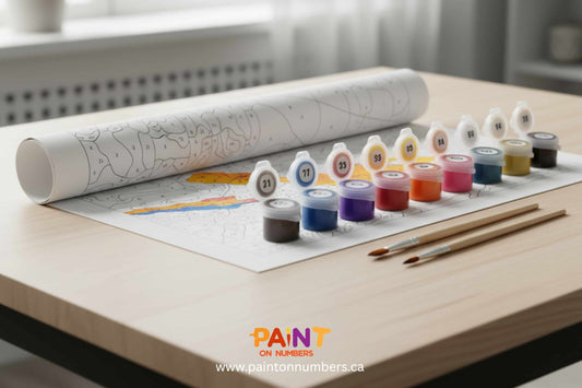 Paint by Numbers kit with rolled canvas, numbered paints, and brushes on desk.