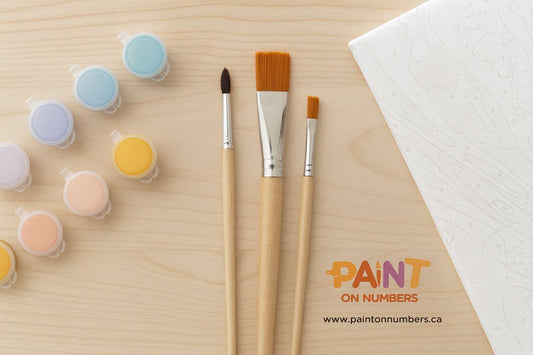 Flat lay of a paint by numbers kit with three brushes, pastel paint pots, and a pre-printed canvas on a wooden table. Paint On Numbers Canada logo and website visible.
