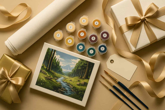 Flat lay of a paint by numbers kit with paints, brushes, rolled canvas, and wrapped gifts, featuring a finished mountain landscape painting.