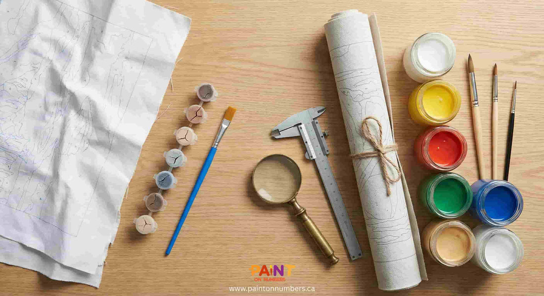 Flat lay of a paint by numbers kit showing rolled canvas, acrylic paint pots, fine detail brushes, magnifying glass, ruler, and painting tools arranged on a wooden table.