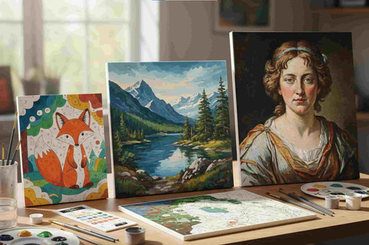 A display of finished paint by numbers artworks including a colorful fox, a mountain landscape with a lake, and a classical portrait, shown with brushes, paints, and a work-in-progress canvas on the table.