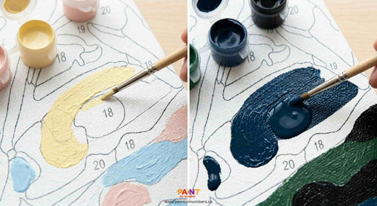 A split screen showing a paint by numbers canvas started with light yellow and pink colours on the left, and the same canvas started with dark navy and black colours on the right.