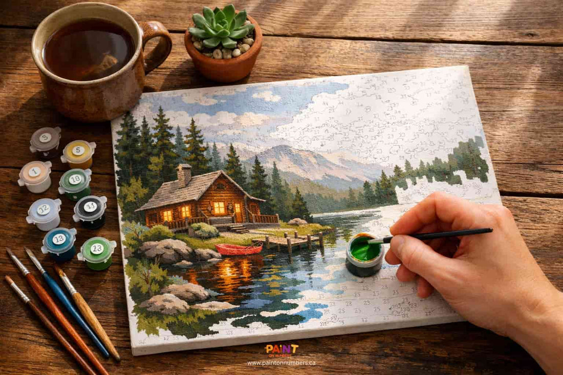 Person painting a scenic landscape with a cabin on a wooden table with art supplies.