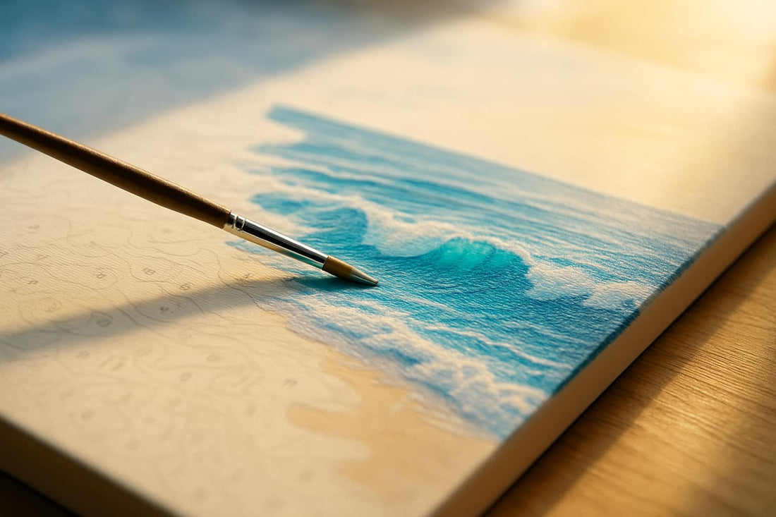 Close-up of a paint by numbers seascape canvas showing ocean waves being painted with a brush