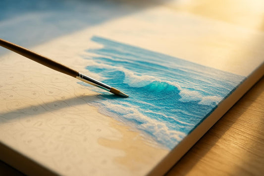 Close-up of a paint by numbers seascape canvas showing ocean waves being painted with a brush