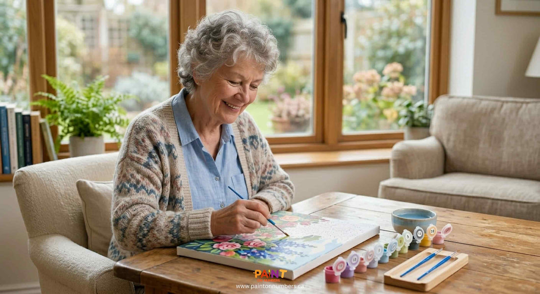 A senior woman smiling while painting a floral paint by numbers canvas at a bright wooden table, with small acrylic paint pots and brushes arranged beside her.