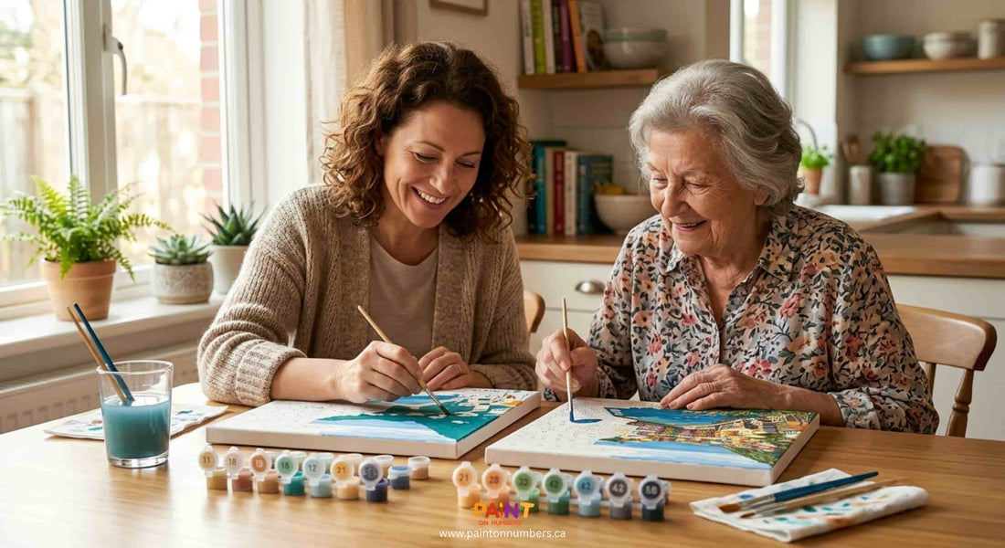 A mother and daughter painting together with paint by numbers kits at a cozy kitchen table, enjoying a relaxing creative activity at home.