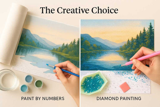 Comparison of Paint by Numbers and Diamond Painting showing hands creating a scenic lake artwork, Paint On Numbers creative art kits for relaxation and self-expression.