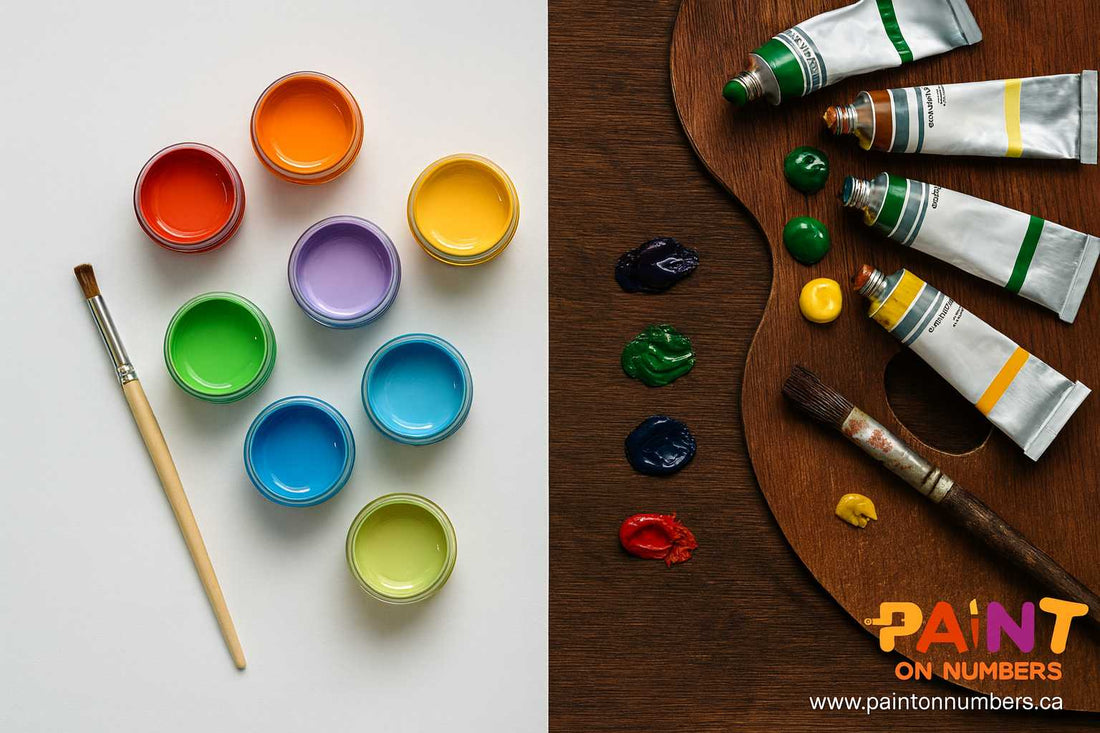 Top-down split composition showing acrylic paint pots with a brush on a white background beside traditional oil paint tubes and a wooden palette on a dark wood background, with Paint On Numbers logo and website in the corner.