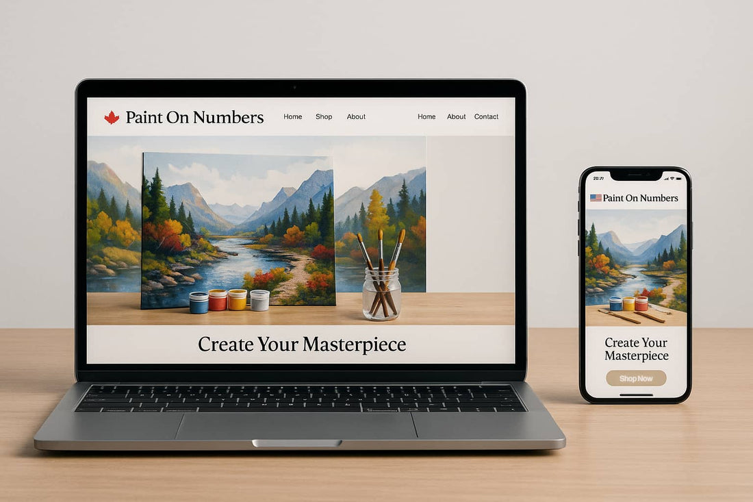 A clean marketing image showing a laptop with the Paint On Numbers Canada website and a smartphone with the U.S. Paint On Numbers website, symbolizing the brand’s expansion into international markets.