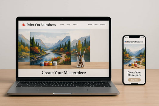 A clean marketing image showing a laptop with the Paint On Numbers Canada website and a smartphone with the U.S. Paint On Numbers website, symbolizing the brand’s expansion into international markets.