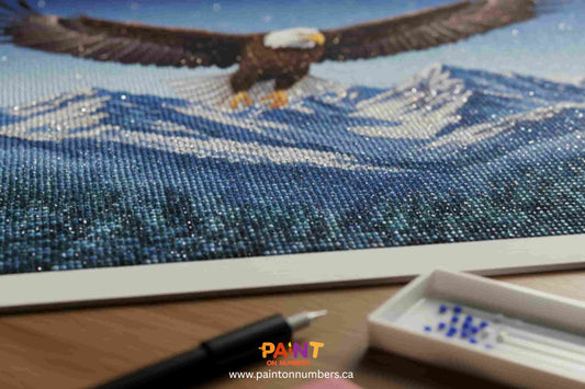 Close-up of an eagle diamond painting canvas with drills and applicator — diamond painting kit (Paint On Numbers, Canada).