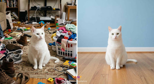 A split screen showing a cat photographed in a messy living room versus the same cat photographed against a solid, light blue wall.