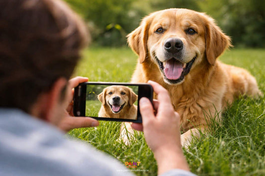 A person lying on the grass holding a smartphone to take an eye level photo of a golden retriever.