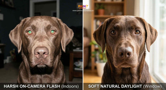 A split screen comparison of a dog photographed indoors with a harsh camera flash causing glowing eyes, versus the same dog photographed with soft natural window light showing clear brown eyes and white catchlights.