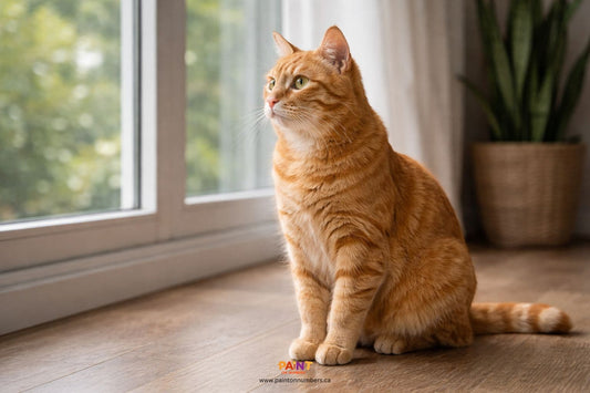 A cat sitting near a large window illuminated by soft natural daylight with no harsh shadows.