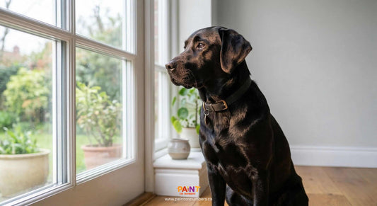 A close up portrait of a black Labrador retriever sitting in front of a light grey wall, with bright natural window light highlighting the individual strands of fur on its face.