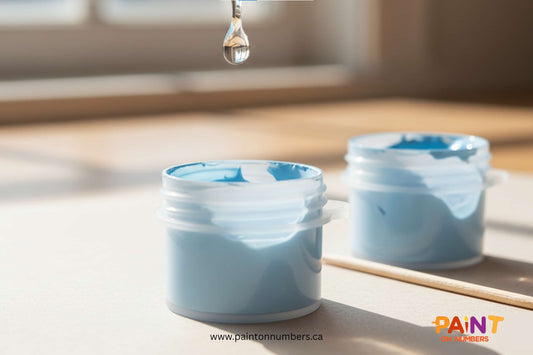 Close-up of a drop of water falling from a dropper into a light blue acrylic paint pot, showing how to revive dried paint in a paint by numbers kit.