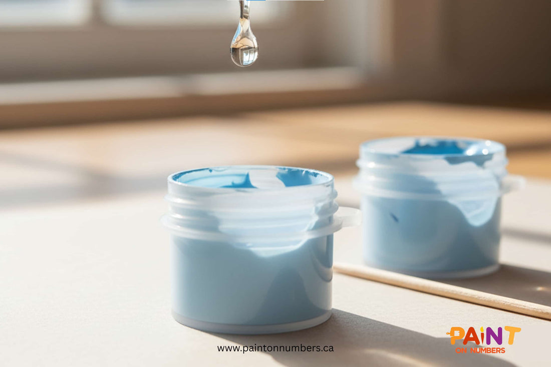 Close-up of a drop of water falling from a dropper into a light blue acrylic paint pot, showing how to revive dried paint in a paint by numbers kit.