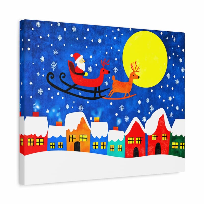 Santa riding his sleigh with a reindeer over colorful snow-covered houses on a starry night with a bright full moon.