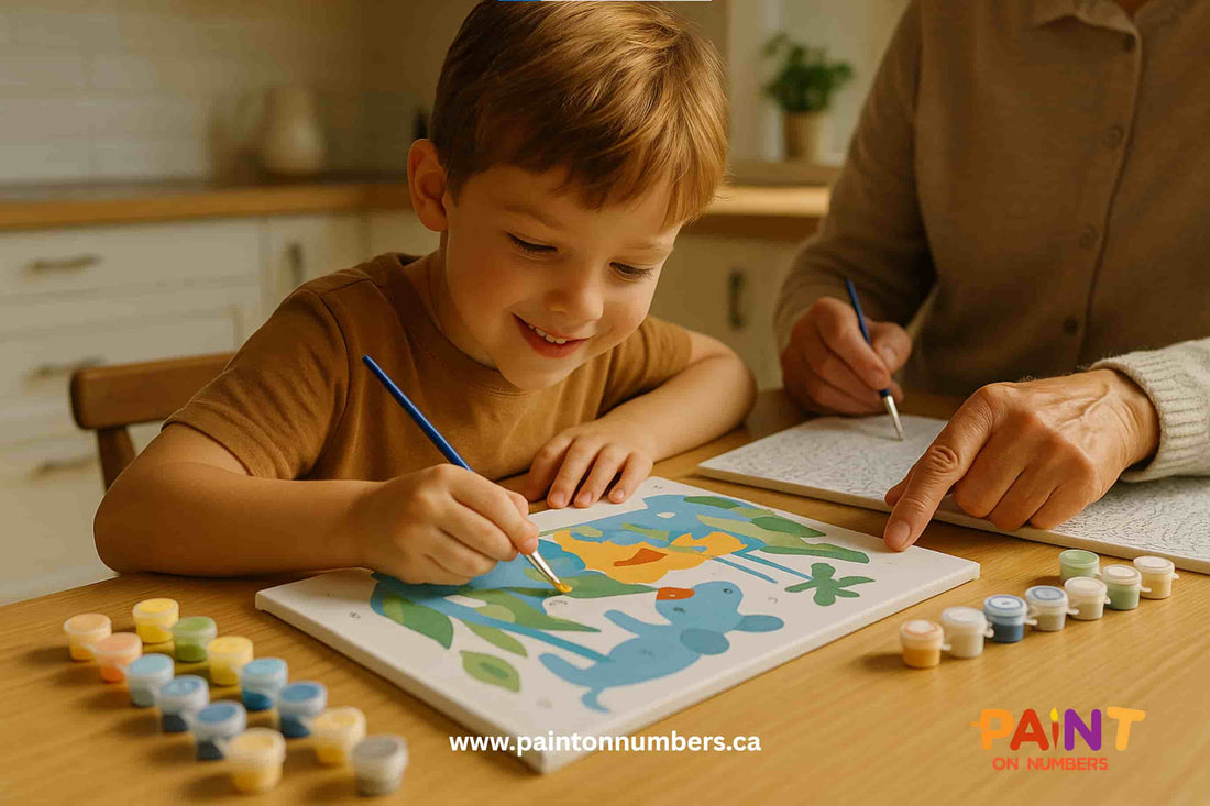 Lifestyle photo of a young child painting a colorful paint by numbers kit with guidance from a grandparent, capturing creativity and bonding at a sunlit kitchen table