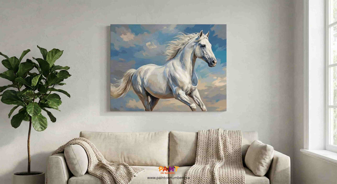 Large Spirit of Freedom white horse paint by numbers canvas, gallery-wrapped and hanging in a modern Scandi-style living room with neutral beige decor.