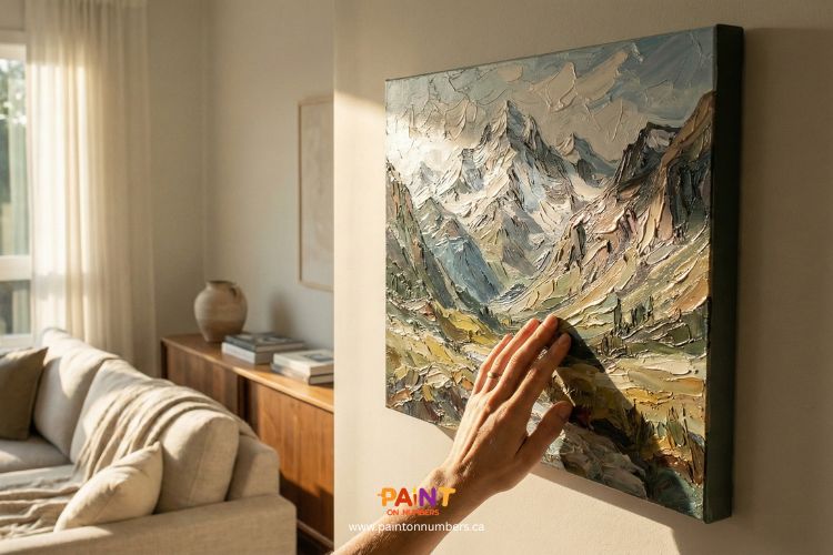 Hand touching the textured surface of a mountain landscape paint by numbers canvas displayed as a gallery wrap in a bright living room.