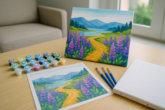 Modern paint by numbers kit setup on a wooden table with natural light, featuring a vibrant canvas and organized painting supplies in a relaxing Canadian home setting.