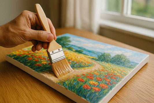 A hand applying varnish to a finished paint by numbers canvas with a wide flat brush, enhancing the texture and colors of a vibrant floral landscape artwork on a wooden table in natural light.