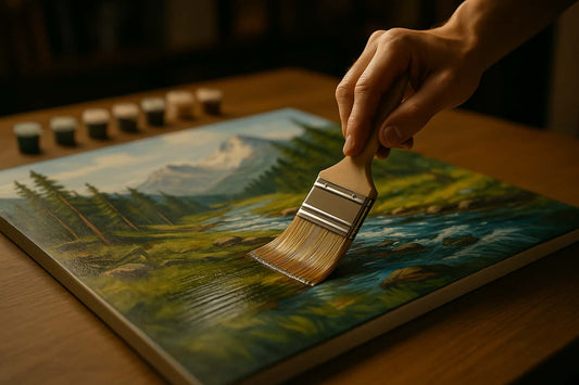 Close-up of a hand applying glossy varnish with a wide brush to a finished paint by numbers landscape, showing contrast between sealed and matte areas.