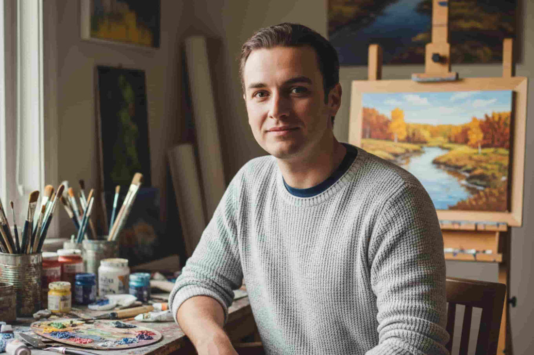 William Murdock, founder of Paint On Numbers, sitting in his art studio surrounded by brushes, paints, and a completed landscape painting on an easel.
