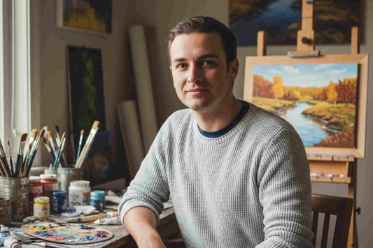 William Murdock, founder of Paint On Numbers, sitting in his art studio surrounded by brushes, paints, and a completed landscape painting on an easel.