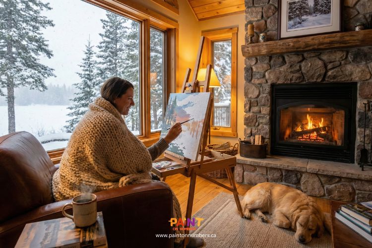 Woman painting a canvas in a cozy cabin beside a fireplace on a snowy day, with a dog resting on the floor nearby.