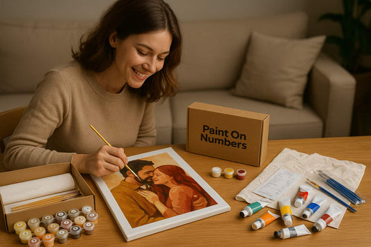 A woman smiling while painting a custom paint by numbers portrait at a table, with paint pots, brushes, and a Paint On Numbers kit box arranged neatly beside her.
