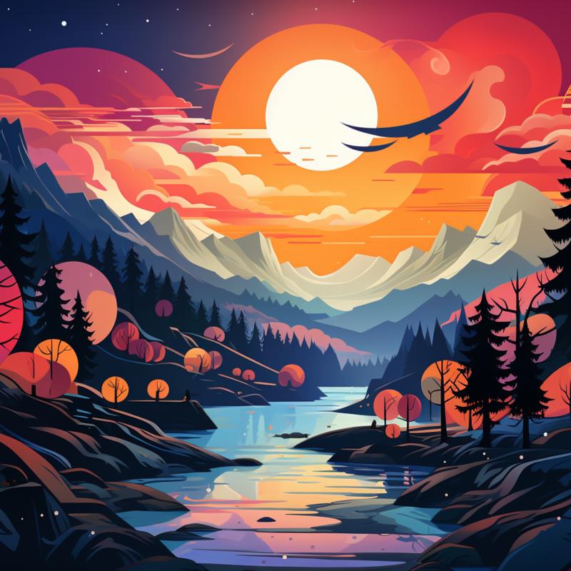 An abstract art with vibrant colors showing a paint by numbers painting with colorful sky, sun birds, clouds and landscape.