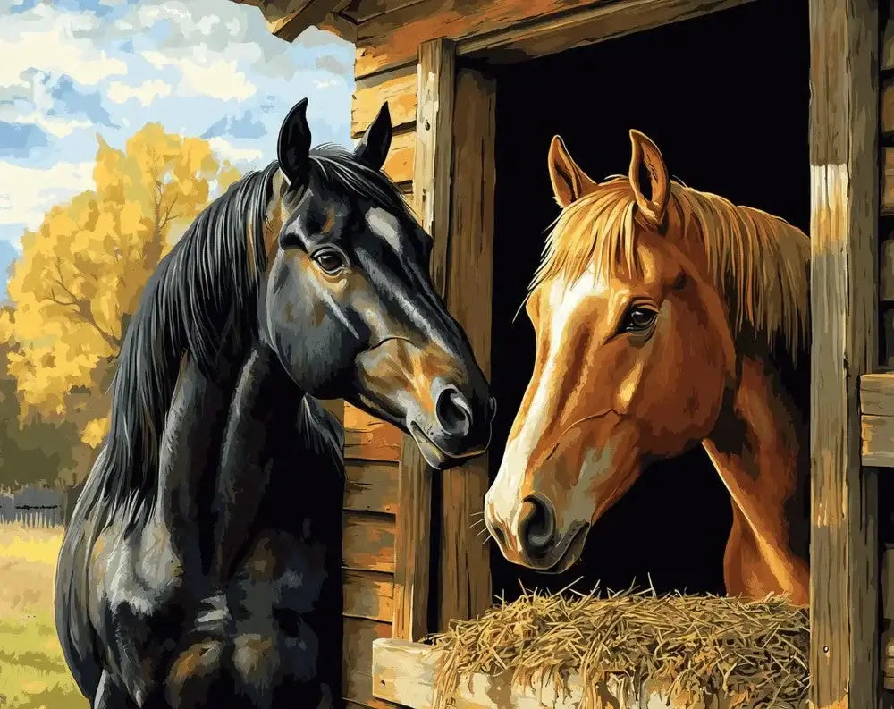 2 Horses one black and one brown standing besides each other in a paint by number painting.
