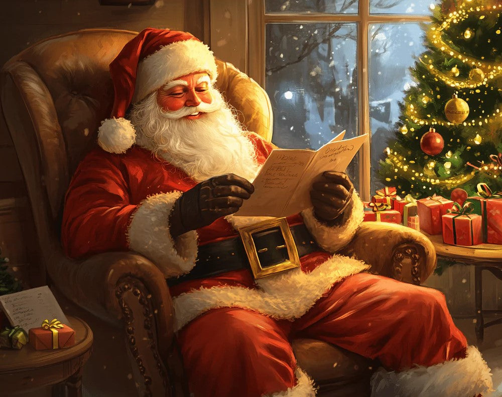 Festive Christmas Paint By Numbers artwork of Santa Claus reading letters in a cozy armchair beside a decorated tree and glowing fireplace, with gifts and snow visible through the window.