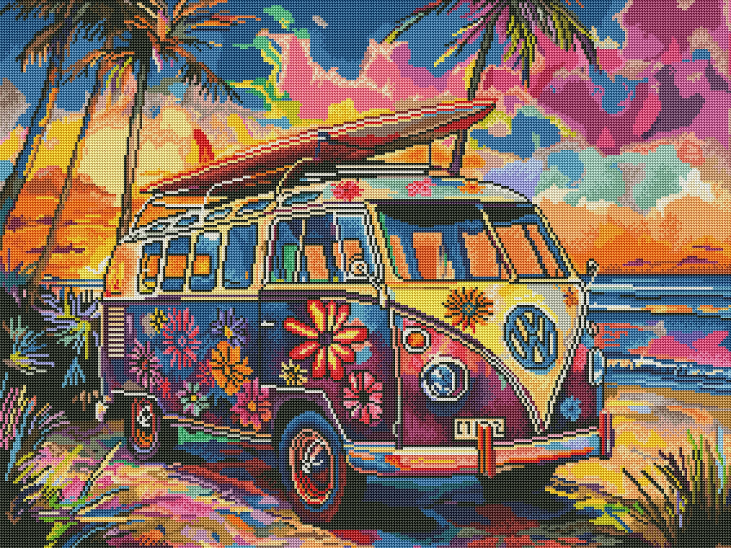 Diamond painting artwork of a vibrant retro van with floral patterns parked on a tropical beach at sunset, surrounded by palm trees and a colorful sky in vivid rainbow tones