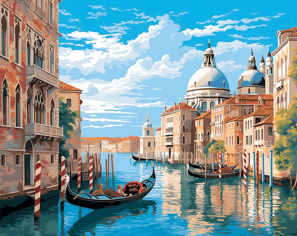 Paint By Numbers artwork of a scenic Venice canal with gondolas floating between historic buildings, under a vibrant blue sky with white clouds and domed architecture.