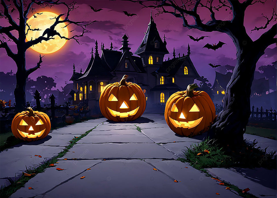 Spooky Halloween Paint By Numbers artwork of three glowing jack-o'-lanterns on a path leading to a haunted mansion under a full moon, surrounded by bats and twisted trees.